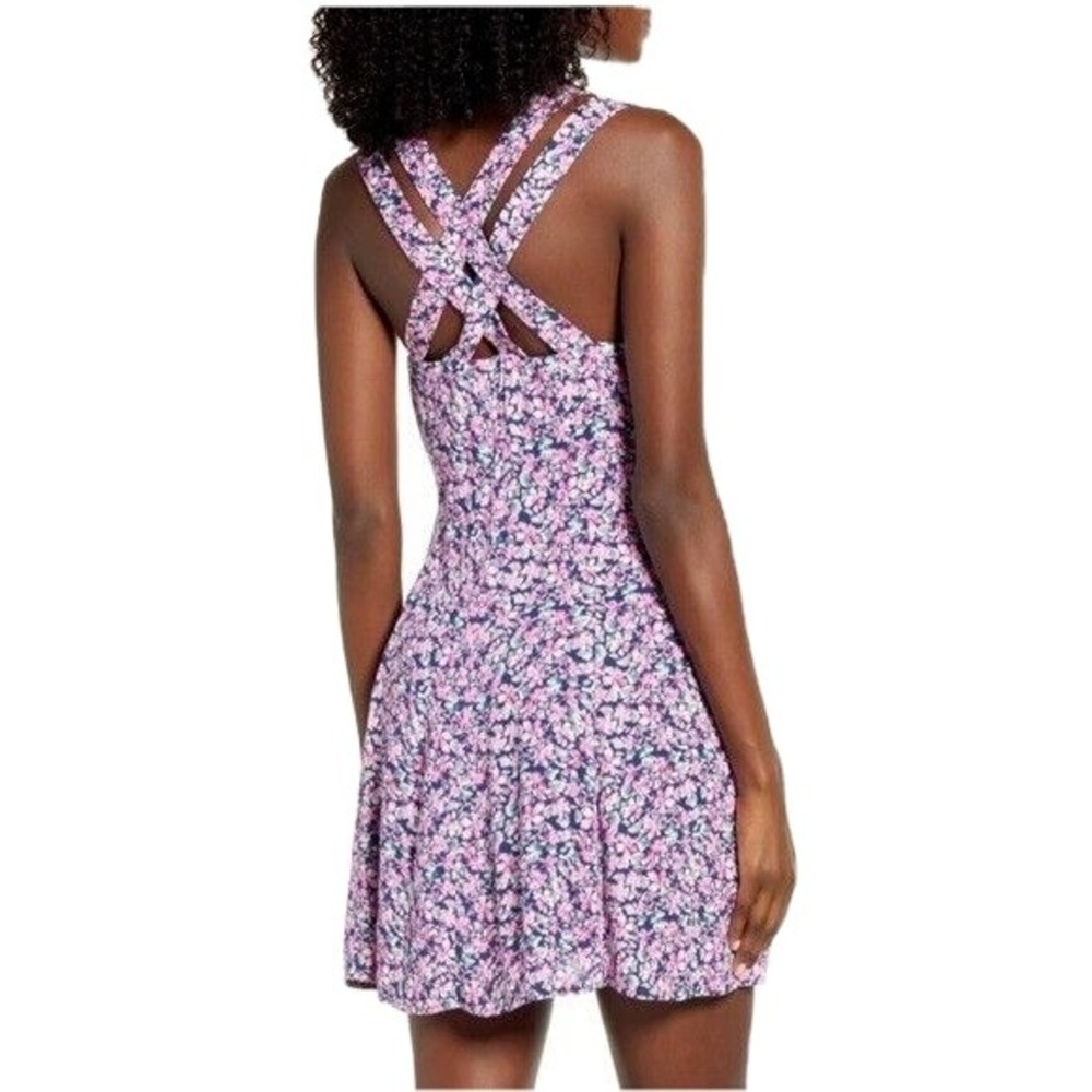 Row A Dress Women Size XS Pink Blue Floral Button Front Criss Cross Back